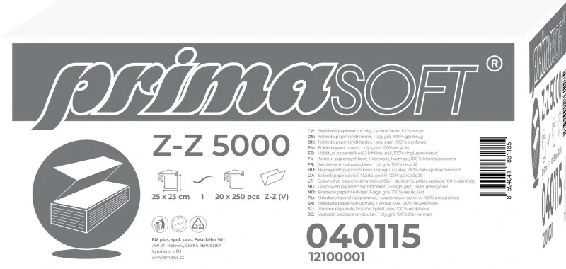 Papírový ručník skládaný ZZ 5000 PrimaSoft, 25 × 23 cm, 1vr., rec., šedý (040115)